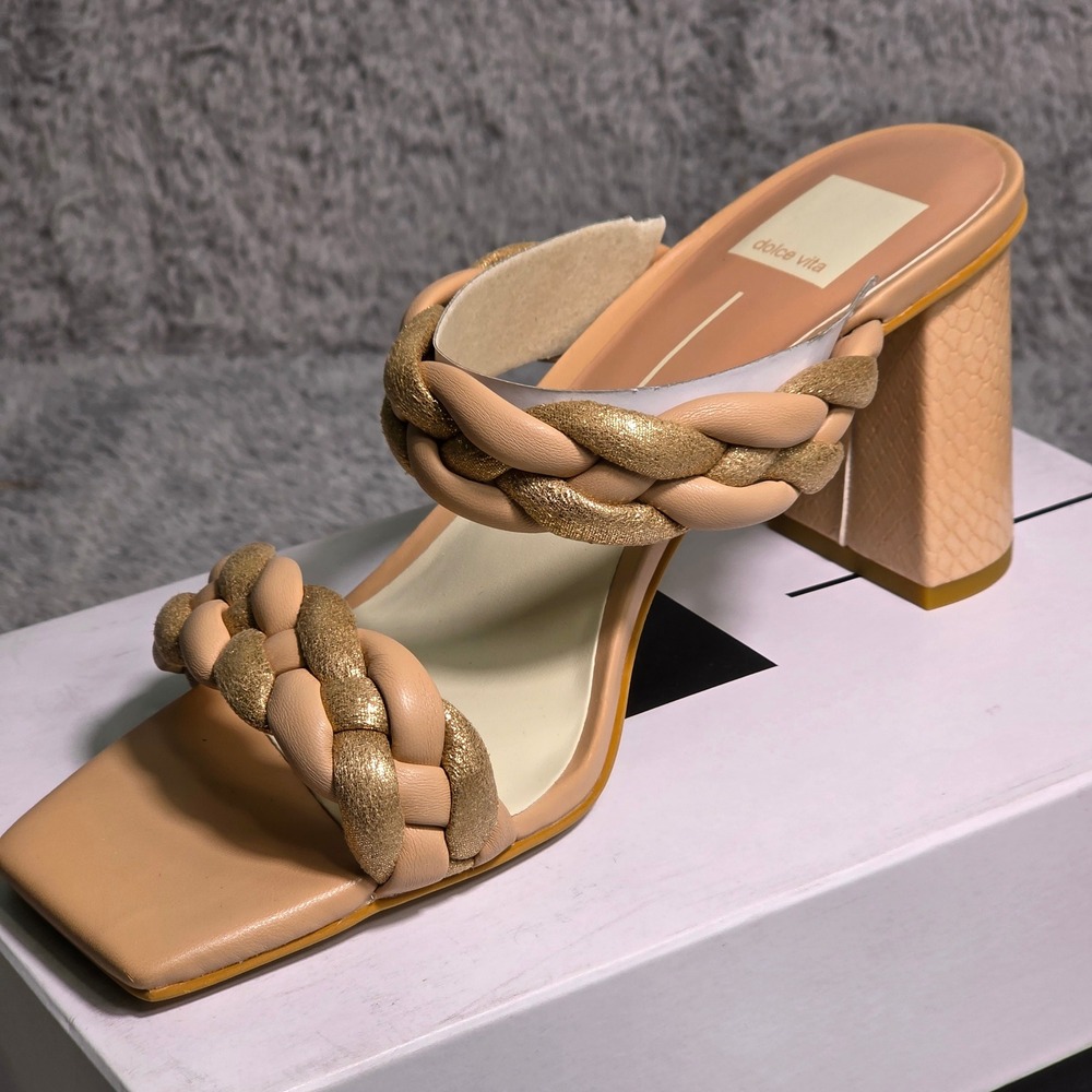 Dolce Vita Nude Gold Braided Block Heel Slide Sandal Square Toe Womens 9 New - Picture 2 of 8